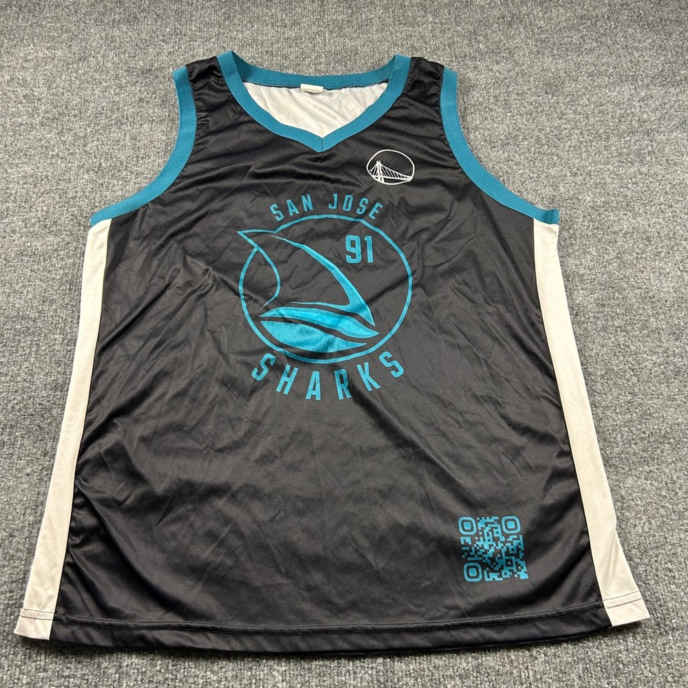 Idegy San Jose Sharks 91 Basketball Jersey Mens XL Black Teal Warriors Logo